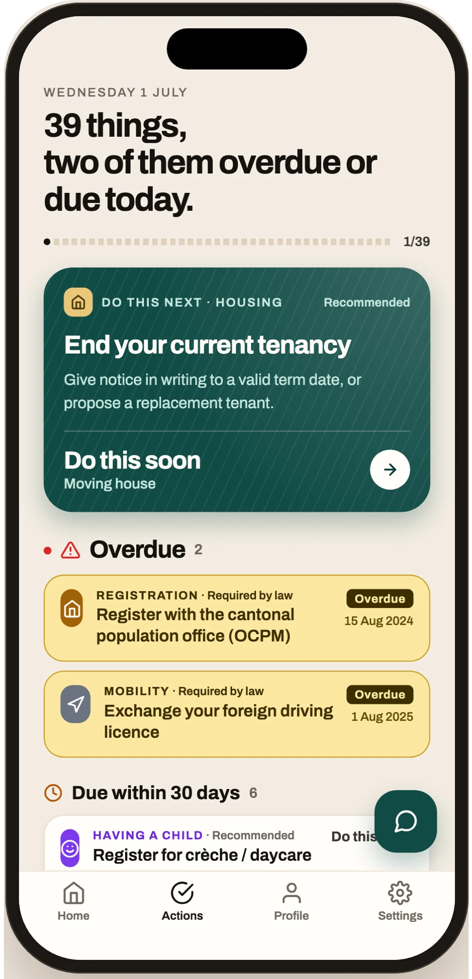 Klarzi action plan showing upcoming tasks and deadlines