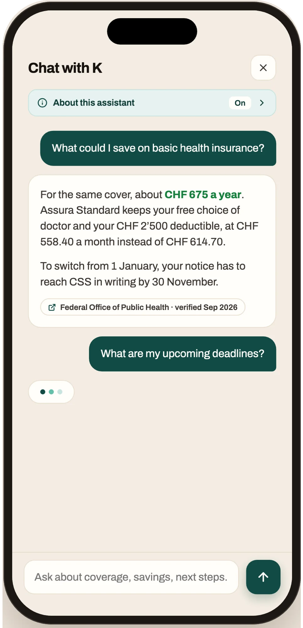 Klarzi assistant answering a question about health insurance