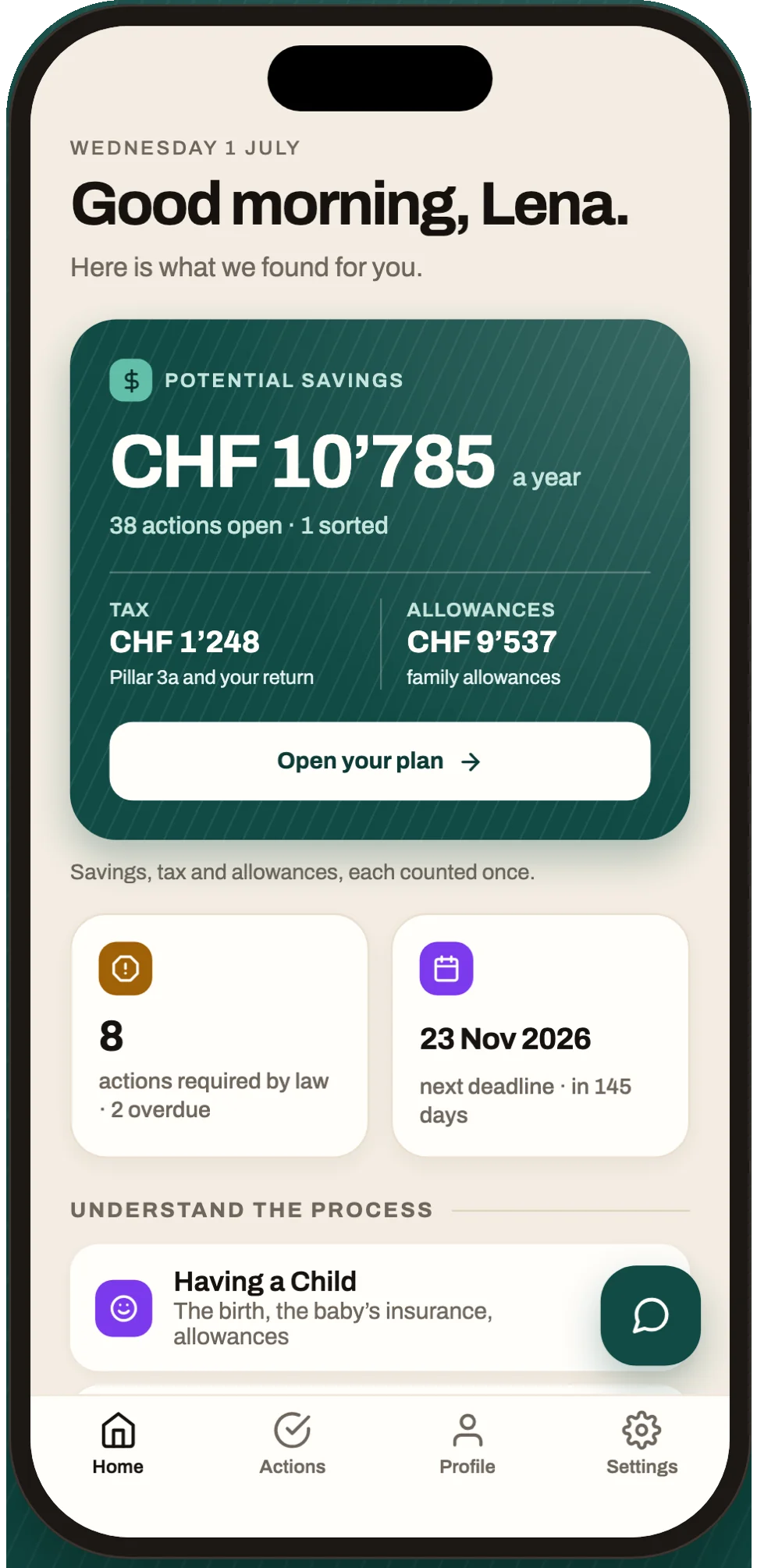 Klarzi app home showing savings, deadlines and personal actions